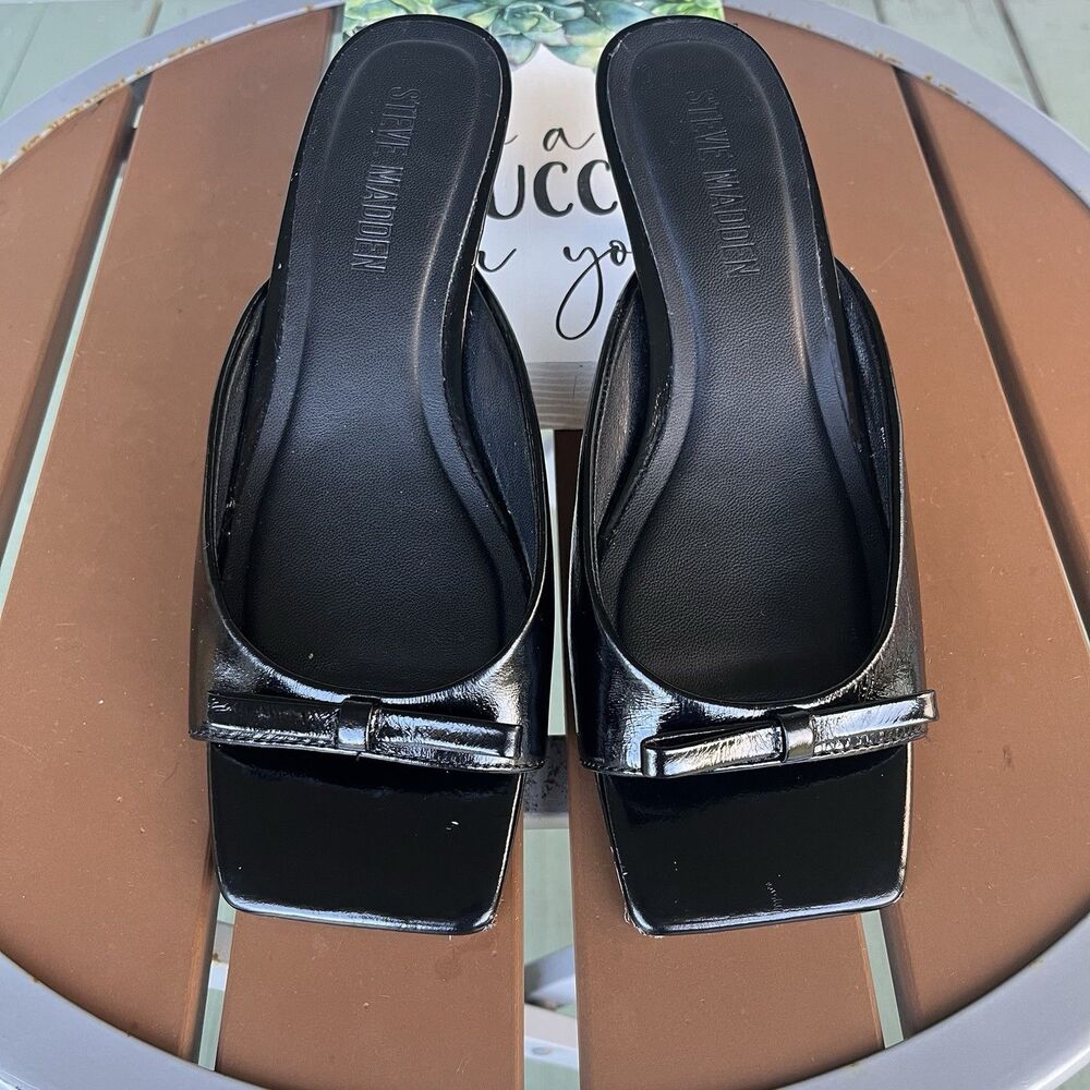 Steve Madden Meme Sandals Women's 6.5M Black Leather Bow Kitten Heel Shoes Mule
